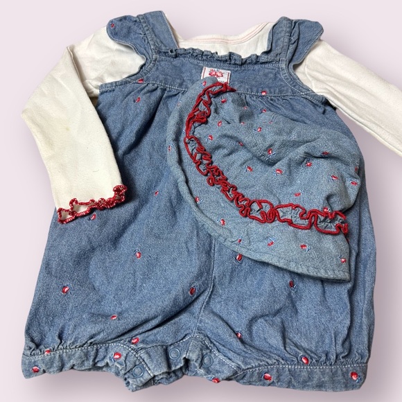 Vintage Baby Bonnie Jean Denim Floral Print Outfit With Hat Size 12-18 Months - Picture 3 of 10